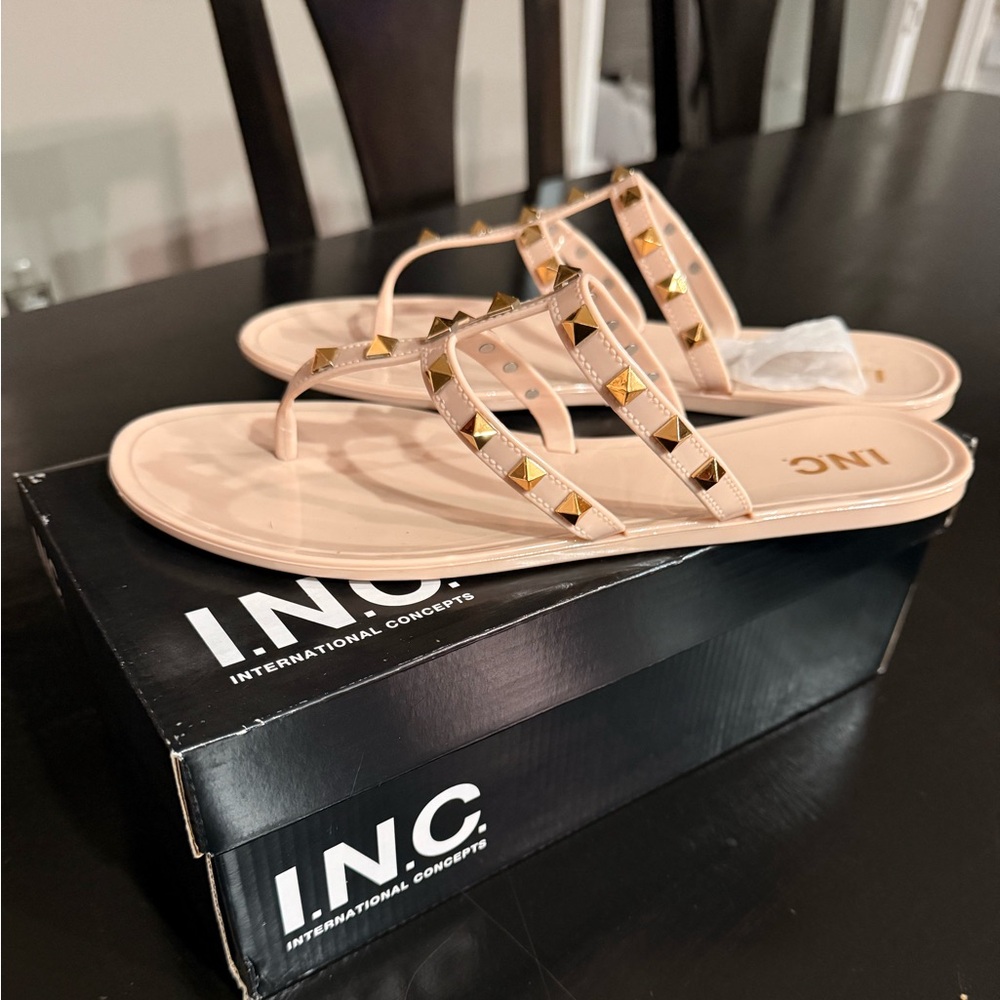 INC International Concepts Women's Beige and Gold Studded Sandals
